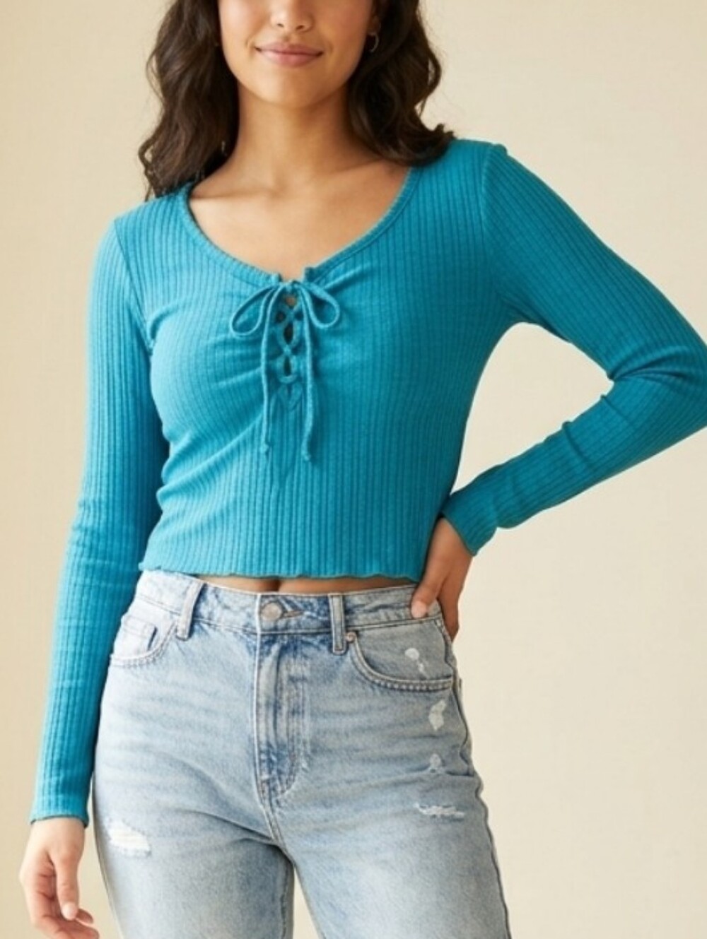 SO Teal Ribbed Long Sleeve Twist-Front Crop Top Sz XL